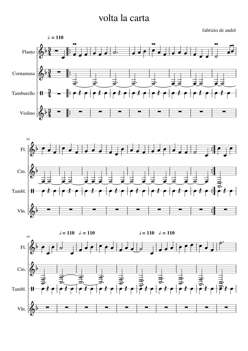 volta la carta Sheet music for Tambourine, Flute, Violin, Woodwinds (other)  (Mixed Quartet) | Musescore.com