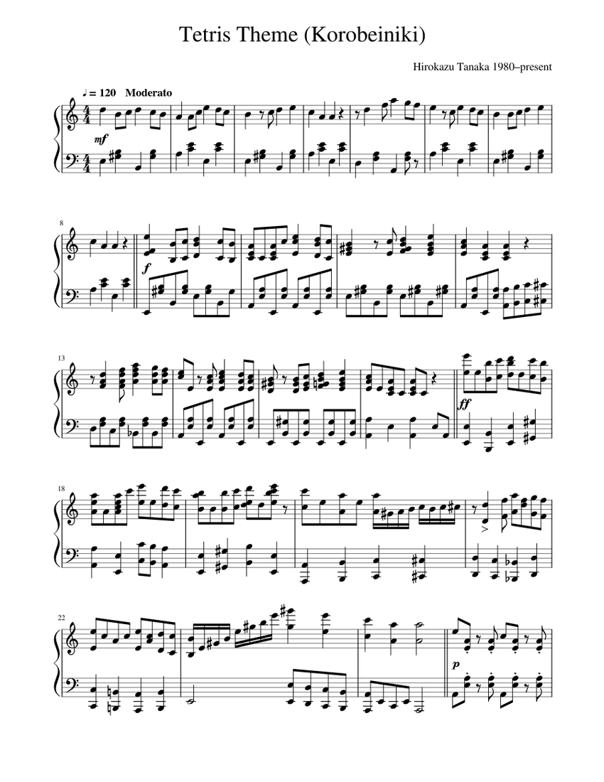 Tetris Theme Korobeiniki Sheet Music For Piano Solo 