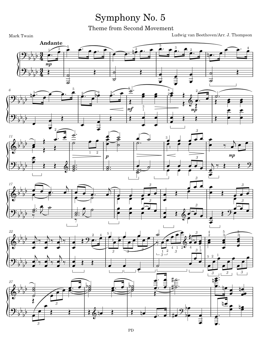 Symphony No. 5, 2nd mvmt — Beethoven Sheet Music for Piano (Solo