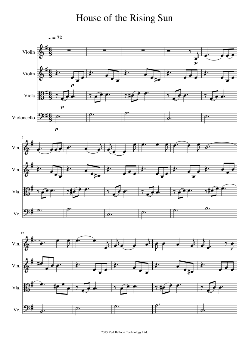 House of the Rising Sun Sheet music for Violin, Viola, Cello (String  Quartet) | Musescore.com