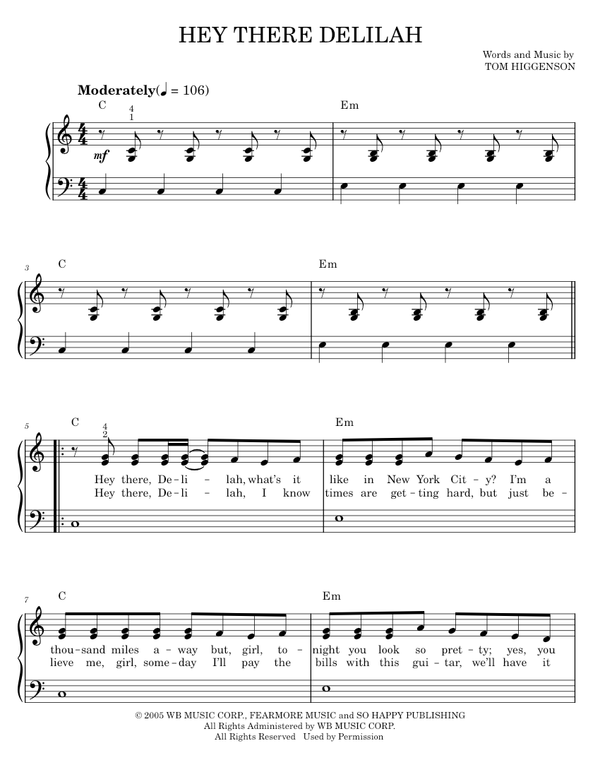 Play Official version of Hey there delilah Sheet Music by Plain White T's for Piano | MuseScore.com