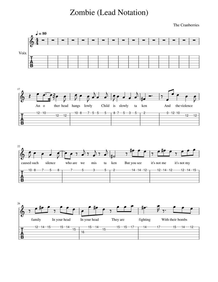 Zombie (The Cranberries) Guitar Chord Chart