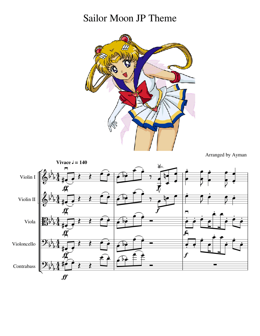 Sailor Moon JP Theme For String Orchestra (Moonlight Densetsu) Sheet music  for Contrabass, Violin, Viola, Cello (String Quintet) | Musescore.com