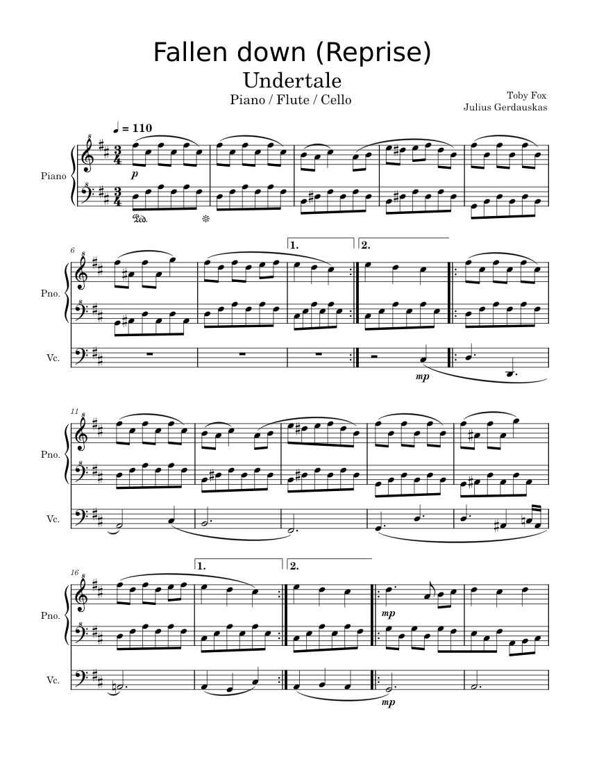 Fallen Down Reprise Toby Fox Sheet Music For Piano Flute Cello Mixed Trio