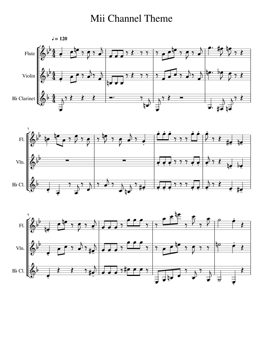 Mii Channel Theme Sheet music for Flute, Clarinet in b-flat, Violin ...