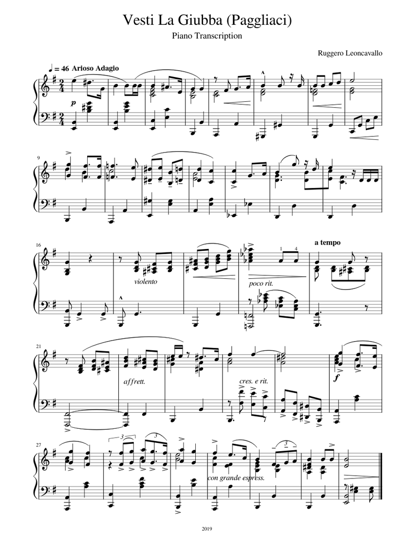 Leoncavallo - Pagliacci: Vesti La Giubba (Canio 's Aria) piano  transcription Sheet music for Piano (Solo) | Musescore.com