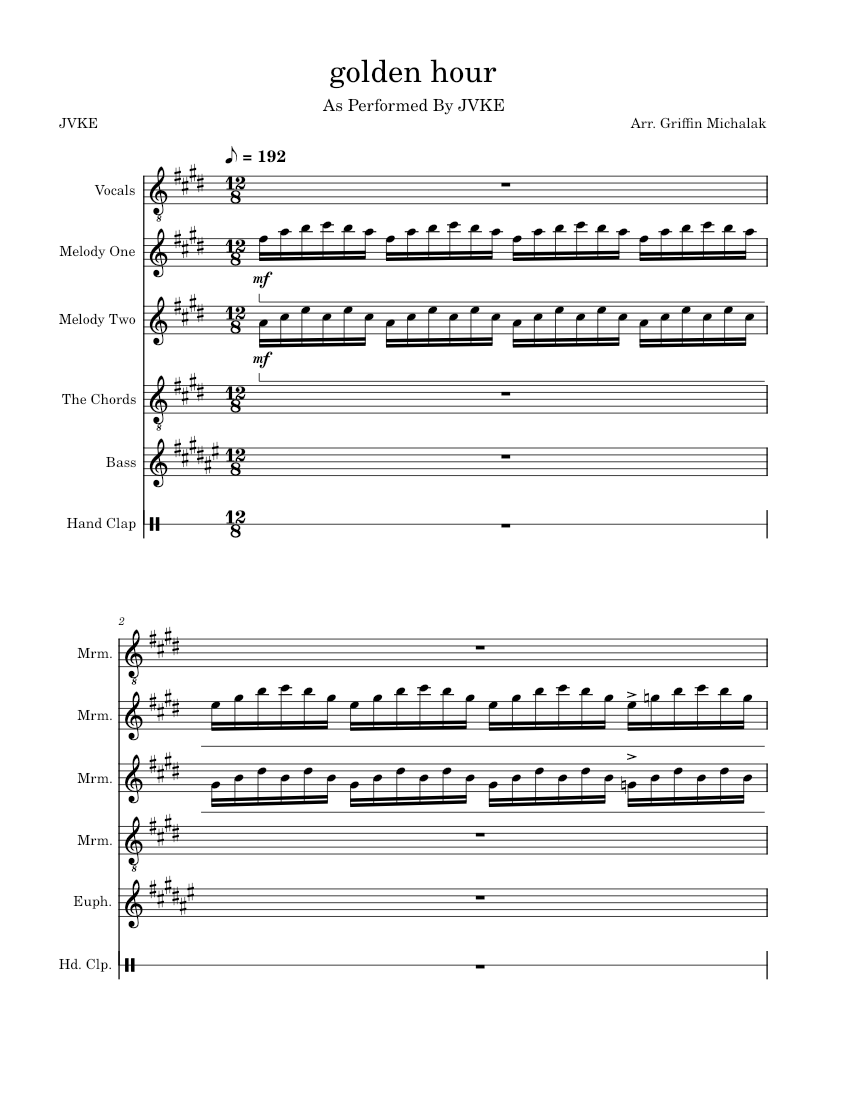 Golden hour JVKE Sheet music for Bass guitar, Drum group, Marimba