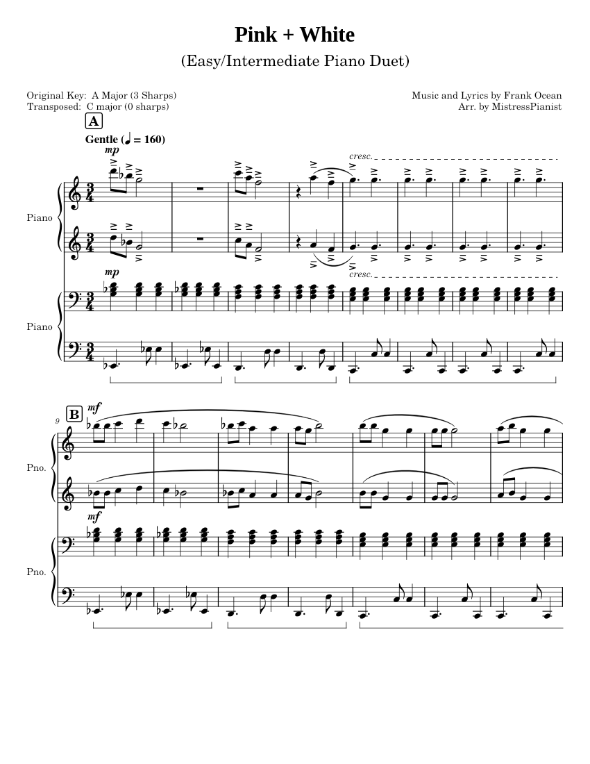 Pink + White - Frank Ocean (Easy/Intermediate Piano Duet) Sheet music