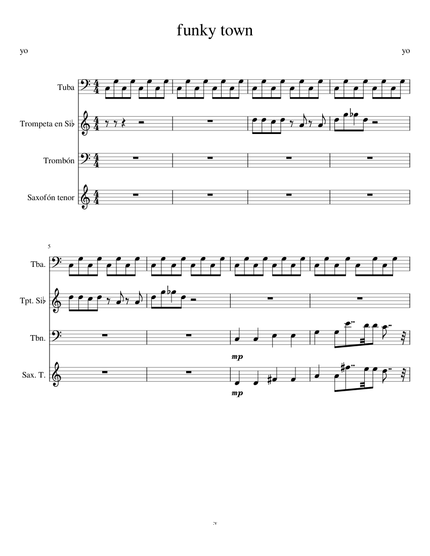 funky town Sheet music for Trombone, Tuba, Saxophone tenor, Trumpet in ...