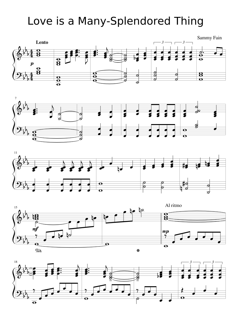 Love is a many splendored thing sheet music for piano solo