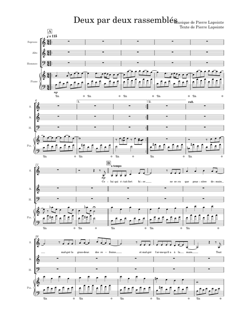 Deux par deux rassemblés - Pierre Lapointe (Choir Arrangement) Sheet music  for Piano, Soprano, Alto, Male (Choral) | Musescore.com