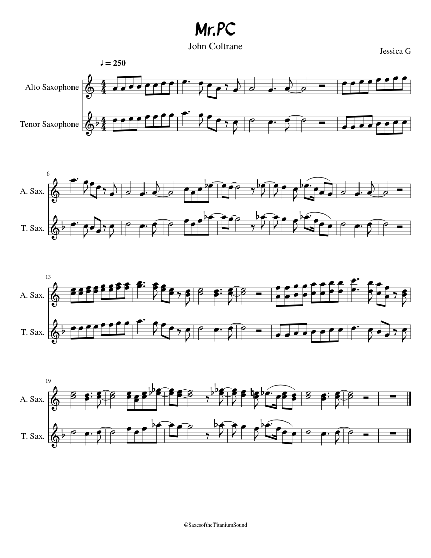 Mr Pc By John Coltrane Sheet Music For Saxophone Alto Saxophone Tenor Saxophone Ensemble Musescore Com
