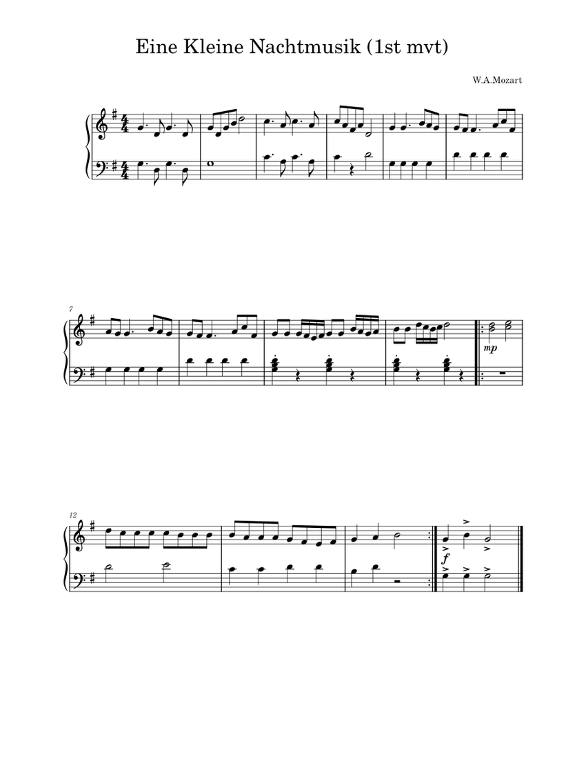Eine kleine Nachtmusik – Wolfgang Amadeus Mozart Sheet music for Piano ...
