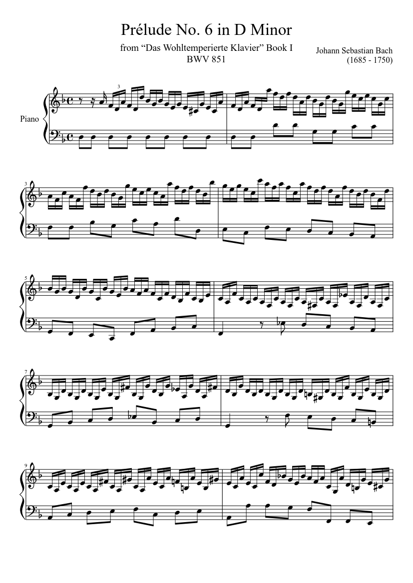 Prélude No. 6 BWV 851 in D Minor Sheet music for Piano (Solo) |  Musescore.com