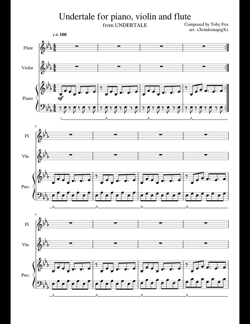 Undertale Sheet Music For Piano Flute Violin Mixed Trio Musescore Com   Score 0 @850x1100