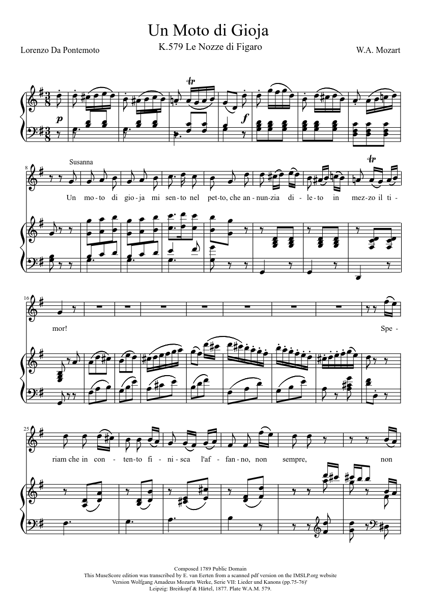 Un Moto di Gioja (K.579 G Major) Sheet music for Piano, Soprano  (Piano-Voice) | Musescore.com