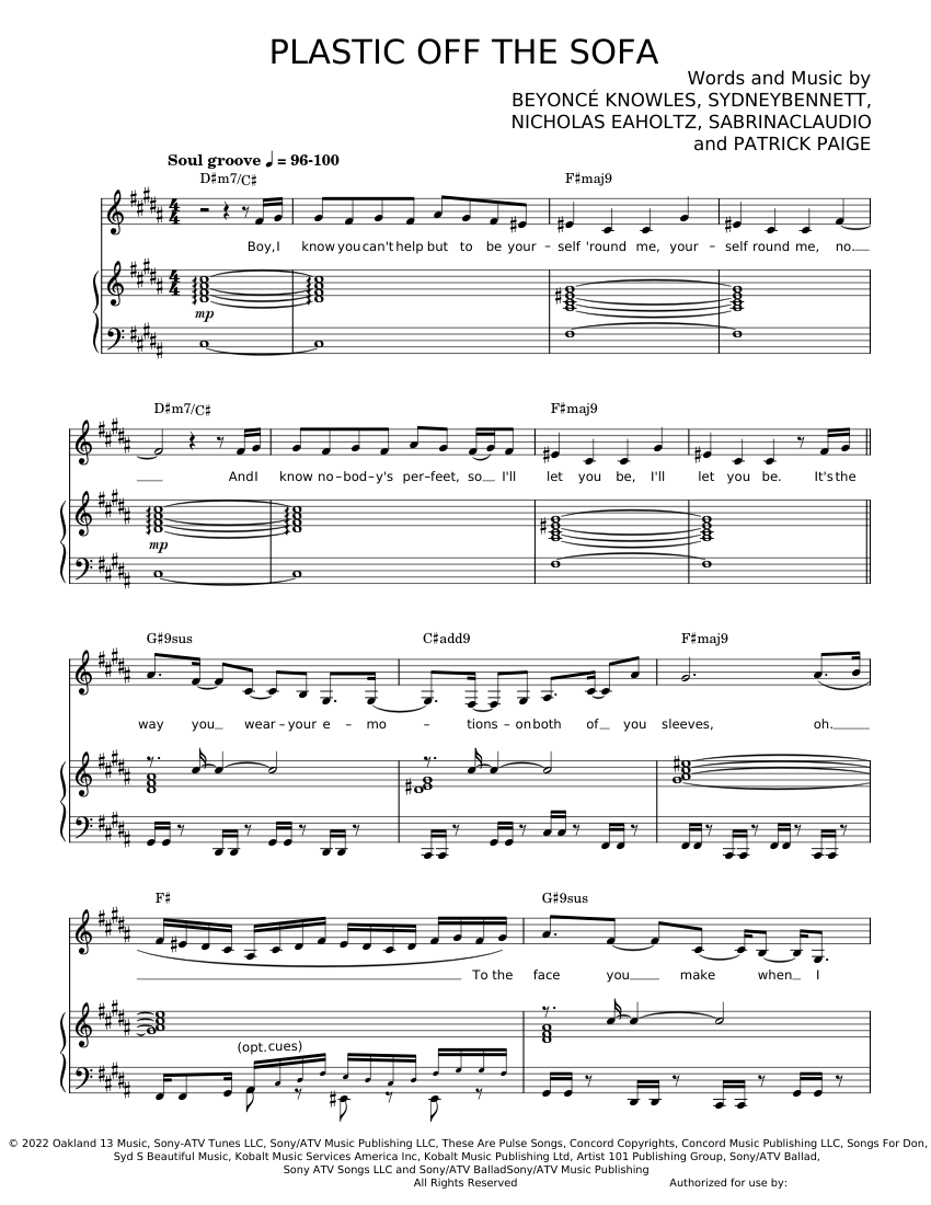 PLASTIC OFF THE SOFA - Beyoncé Sheet music for Piano, Vocals (Mixed ...