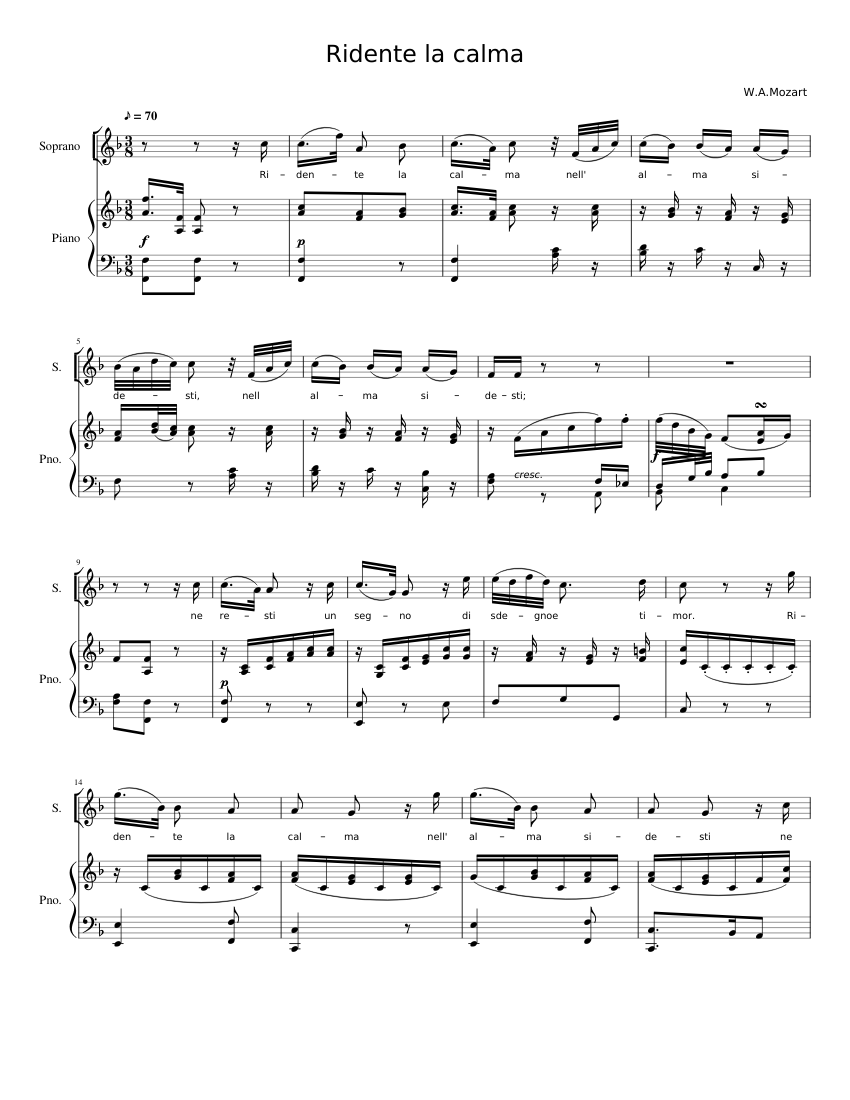 Mozart Ridente la calma Soprano F-dur Sheet music for Piano (Solo ...