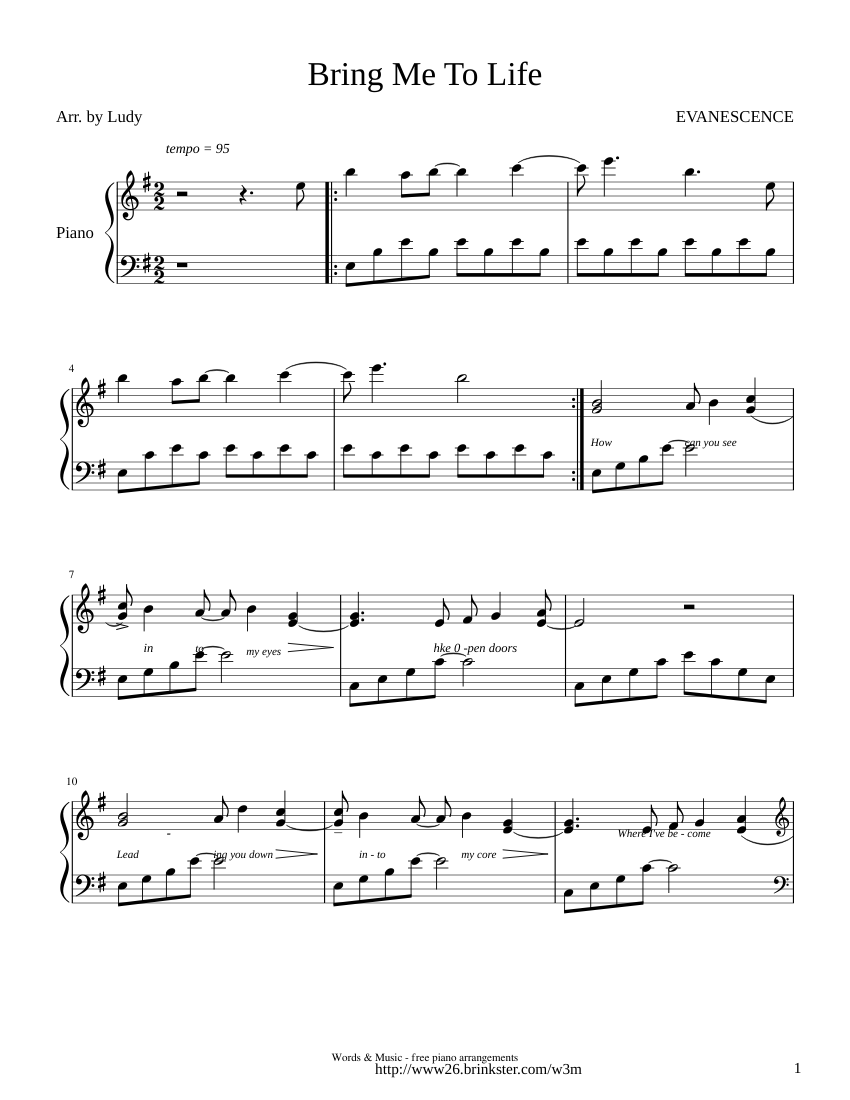 Evanescence - Bring Me To Life Sheet music for Piano (Concert Band) |  Musescore.com