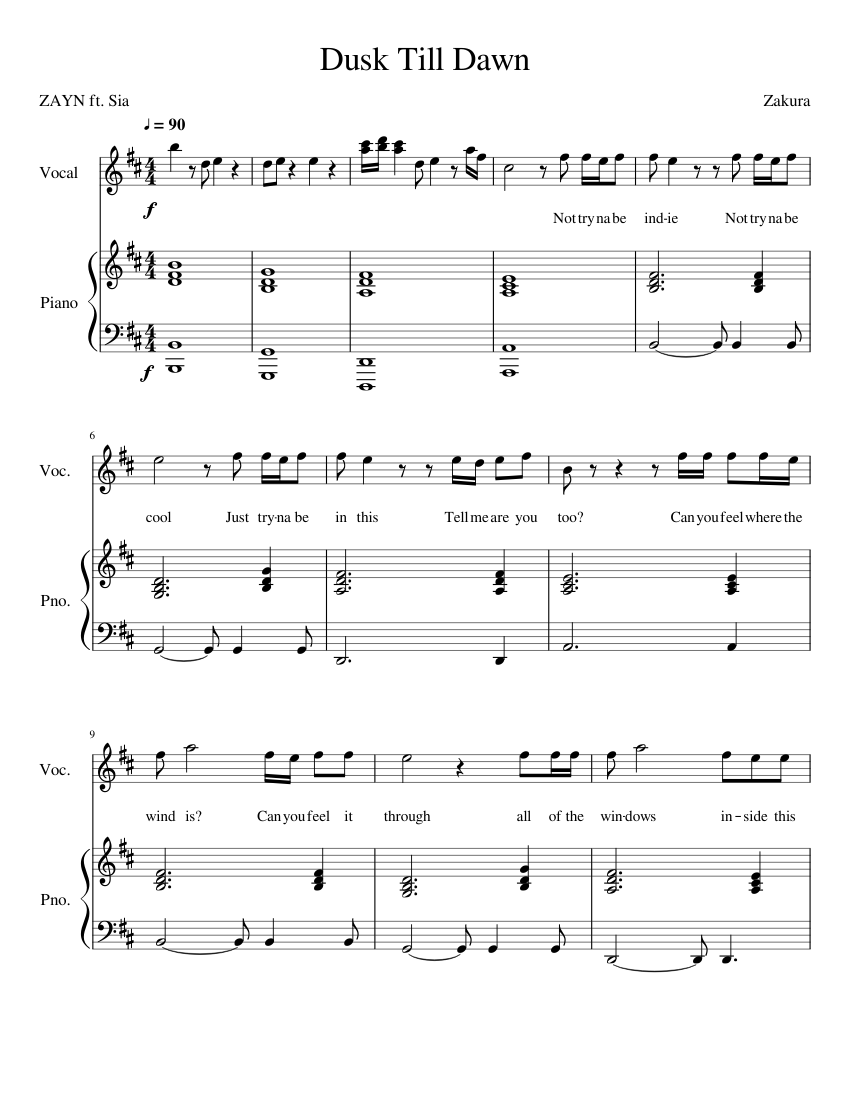 ZAYN ft. Sia - Dusk Till Dawn (Instrumental w/ vocals) Sheet music for Piano  (Alto Sax Piano Duet) | Musescore.com