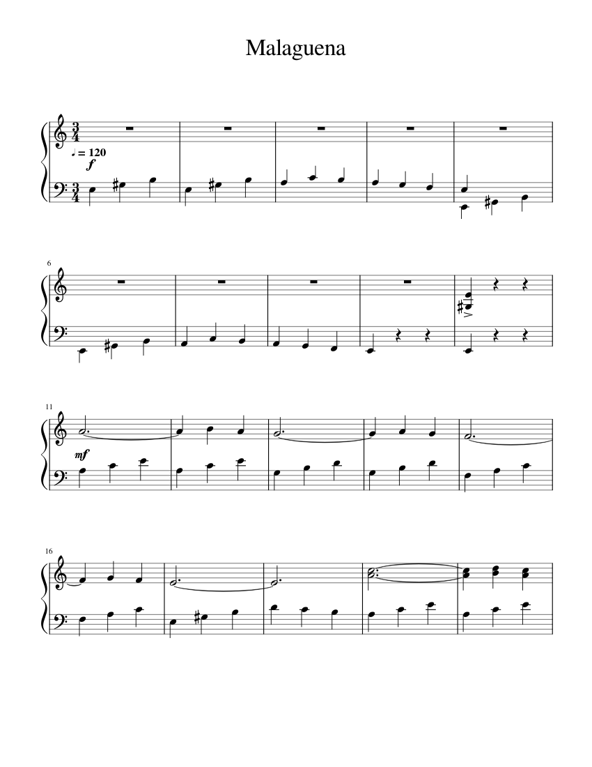 Malaguena Easy Piano Version Sheet Music For Piano Solo 