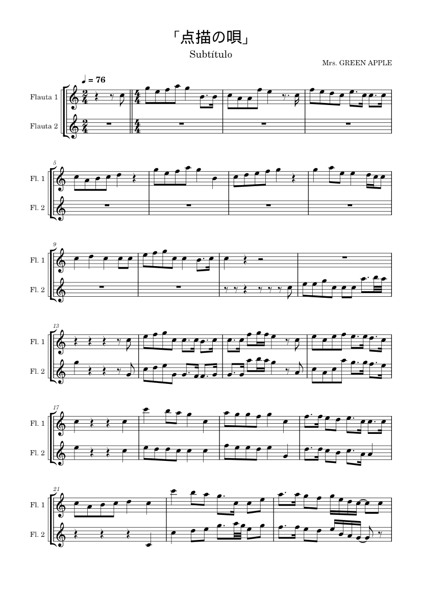 点描の唄」Tenbyouno Uta - Mrs. GREEN APPLE Sheet Music for Flute