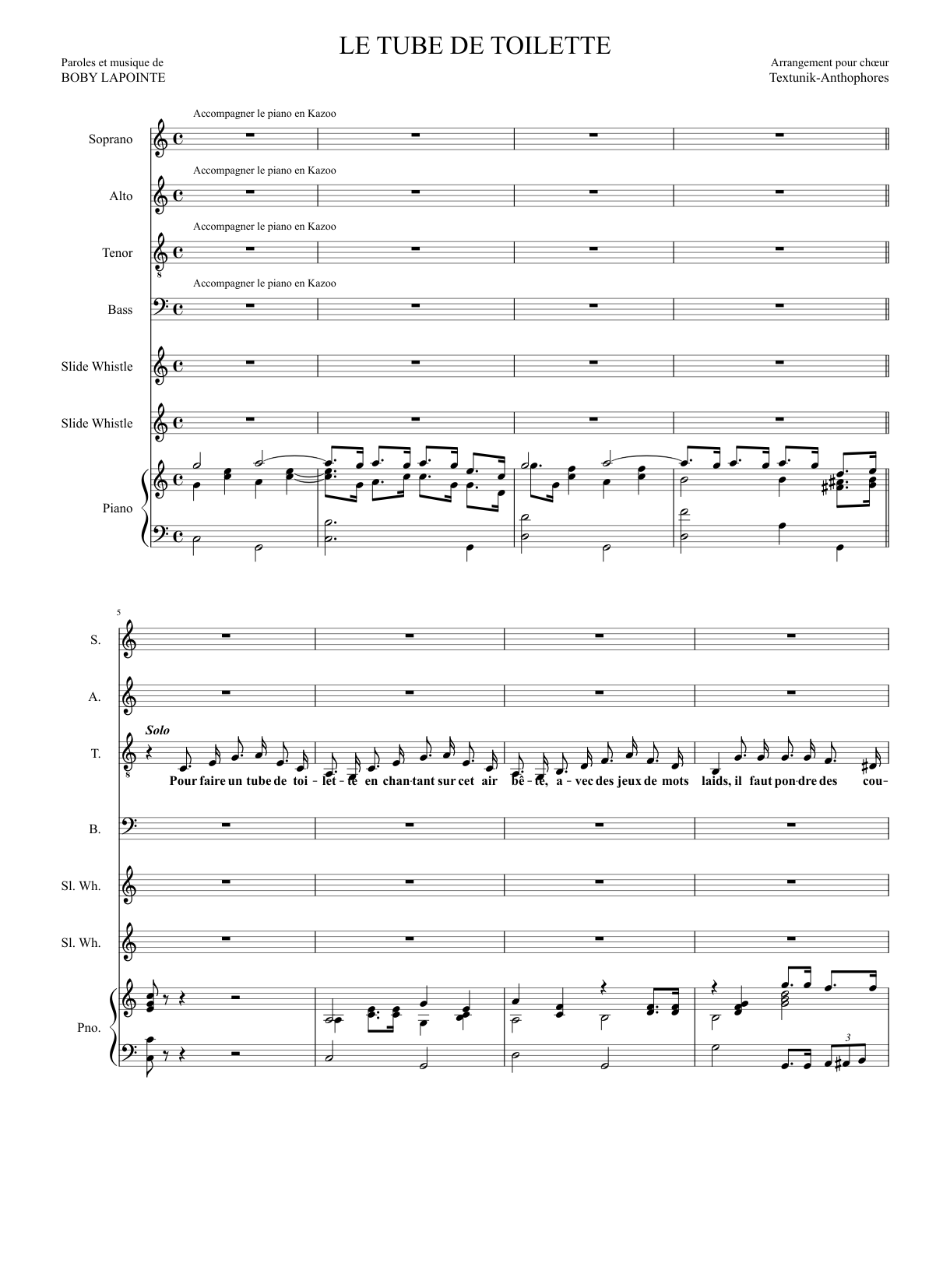 LE TUBE DE TOILETTE - BOBY LAPOINTE Sheet music for Piano, Bass guitar  (Mixed Duet) | Musescore.com