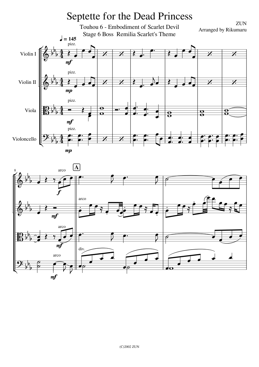 Septette Septette For The Dead Princess – ZUN String Quartet Arrangement Sheet ...