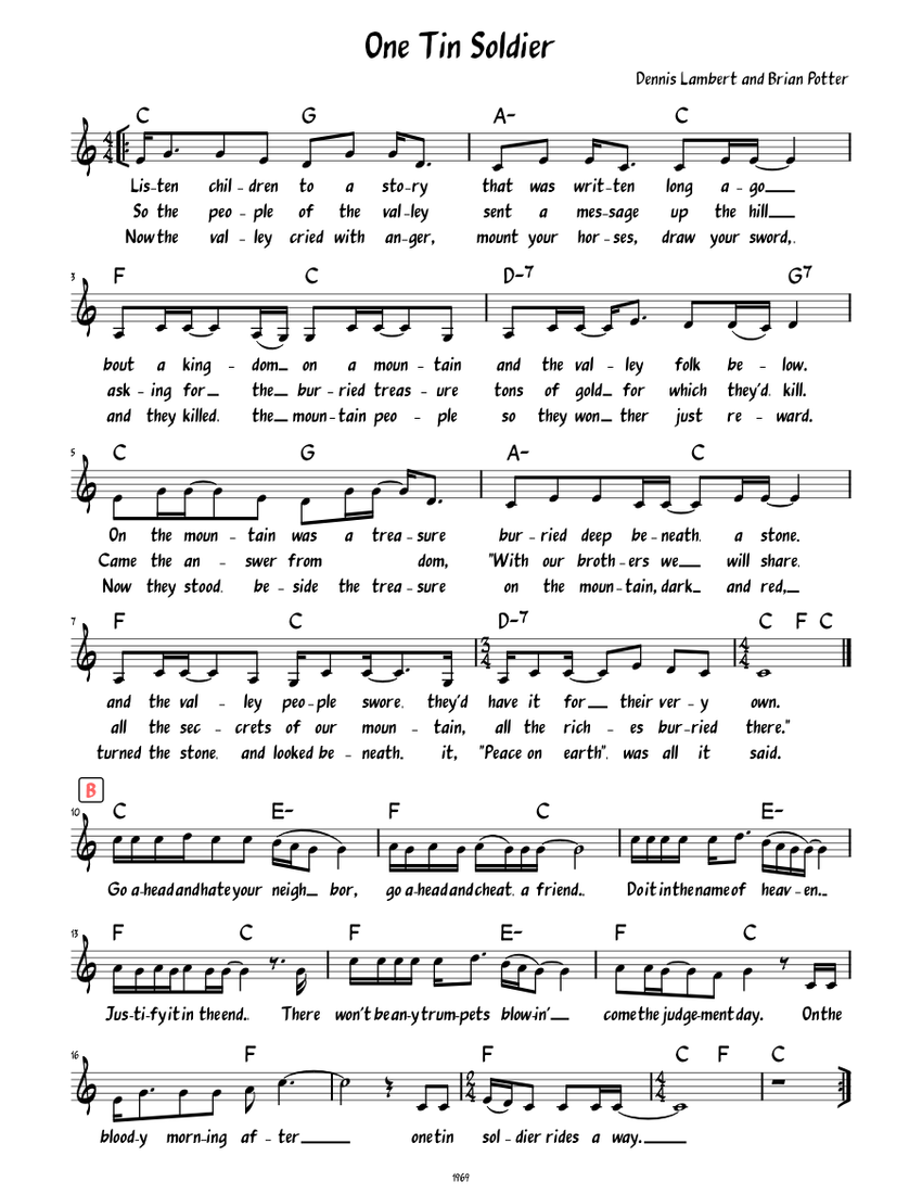 One Tin Soldier (Lead sheet with lyrics ) Sheet music for Piano (Solo ...