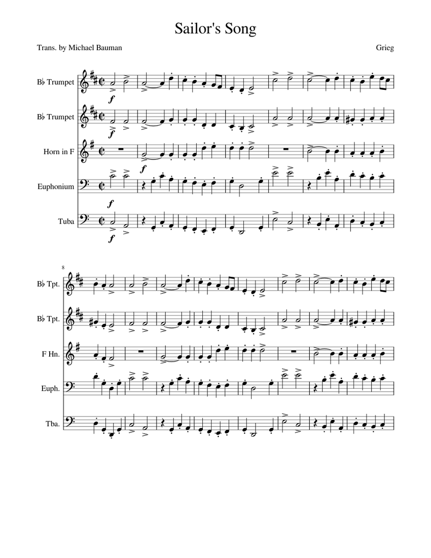 Sailor's Song Sheet music for Euphonium, Tuba, Trumpet in b-flat, French horn (Mixed Quintet ...
