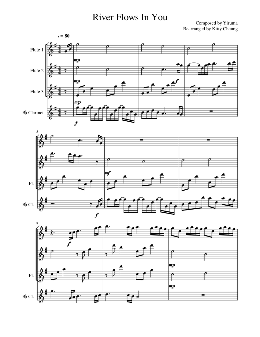 River Flows In You Sheet Music For Flute Clarinet In B Flat Oboe Mixed Quartet Musescore Com