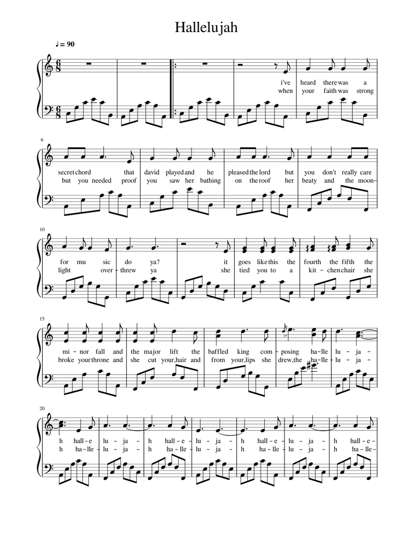 Hallelujah Sheet Music For Piano Solo Musescorecom