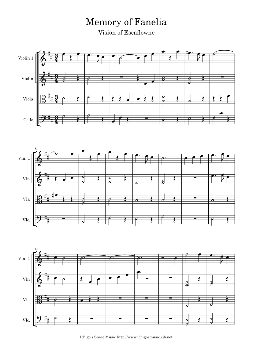 Fanelia Notes Memory of Fanelia Sheet Music for Violin, Viola, Cello (String Quartet ...