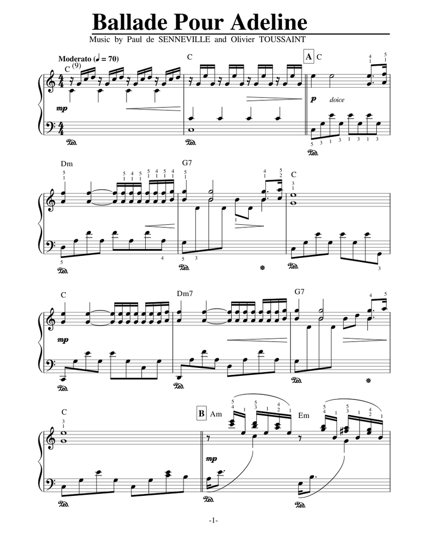 Ballade Pour Adeline By Paul De Senneville Arranged Richard Clayderman For Piano Sheet Music For Piano Solo Musescore Com