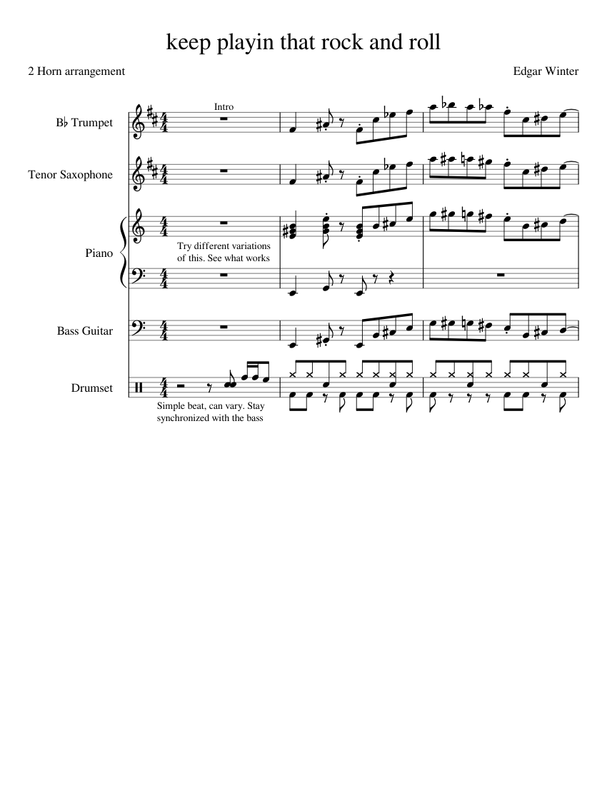 keep playin that rock and roll Sheet music for Piano, Saxophone tenor,  Trumpet in b-flat, Bass guitar & more instruments (Mixed Quintet) |  Musescore.com