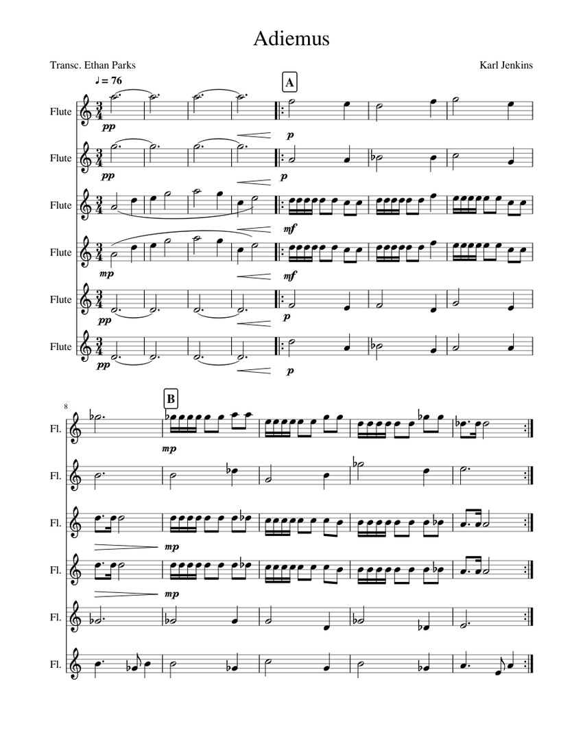 Adiemus Sheet Music For Flute Woodwind Ensemble 