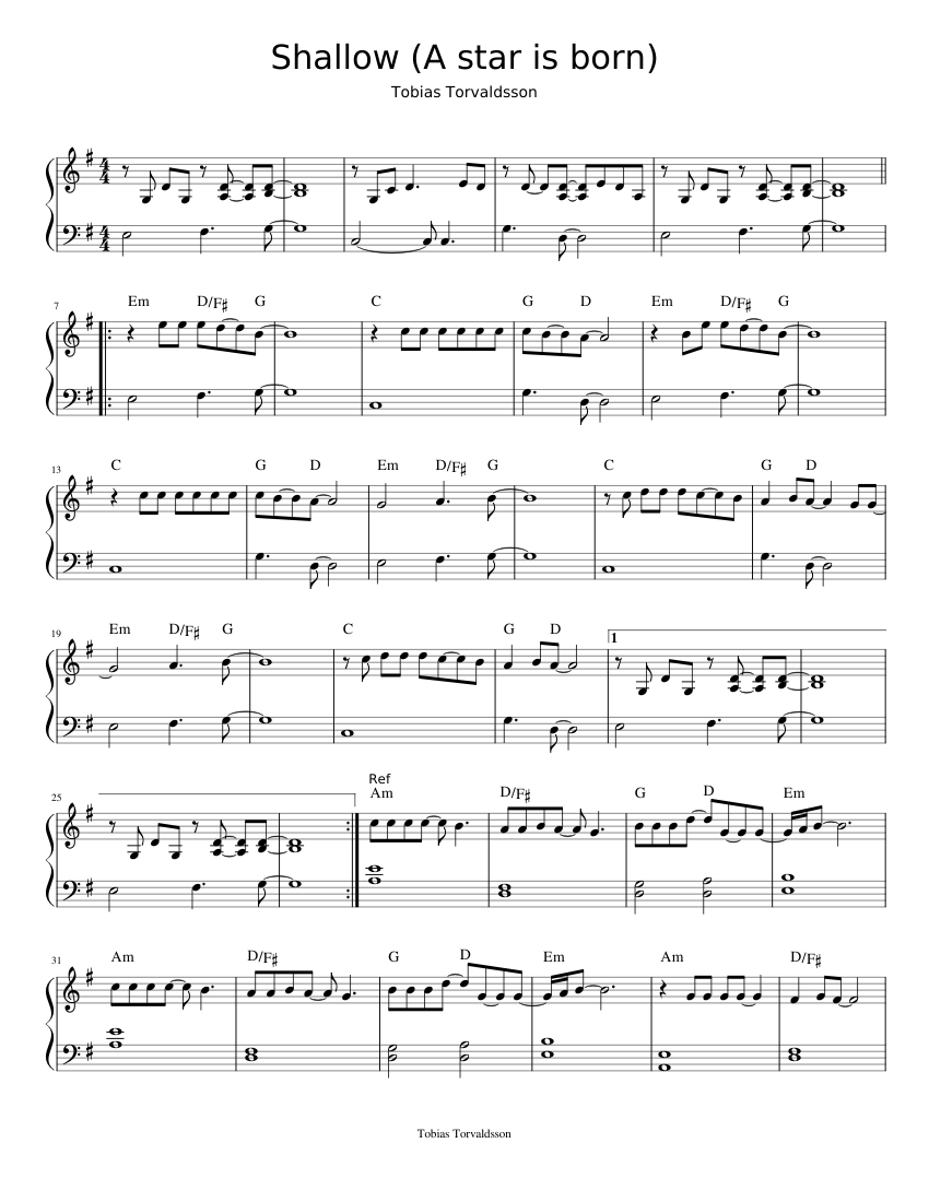 Shallow – Lady Gaga Sheet music for Piano (Solo) Easy | Musescore.com