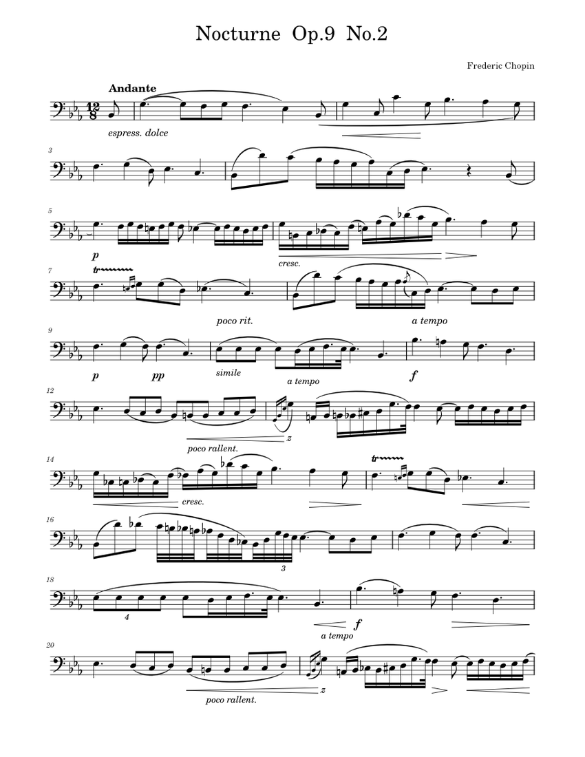 Chopin - Nocturne Op 9 No 2 E Flat Major Sheet music for Cello (Solo) | Musescore.com