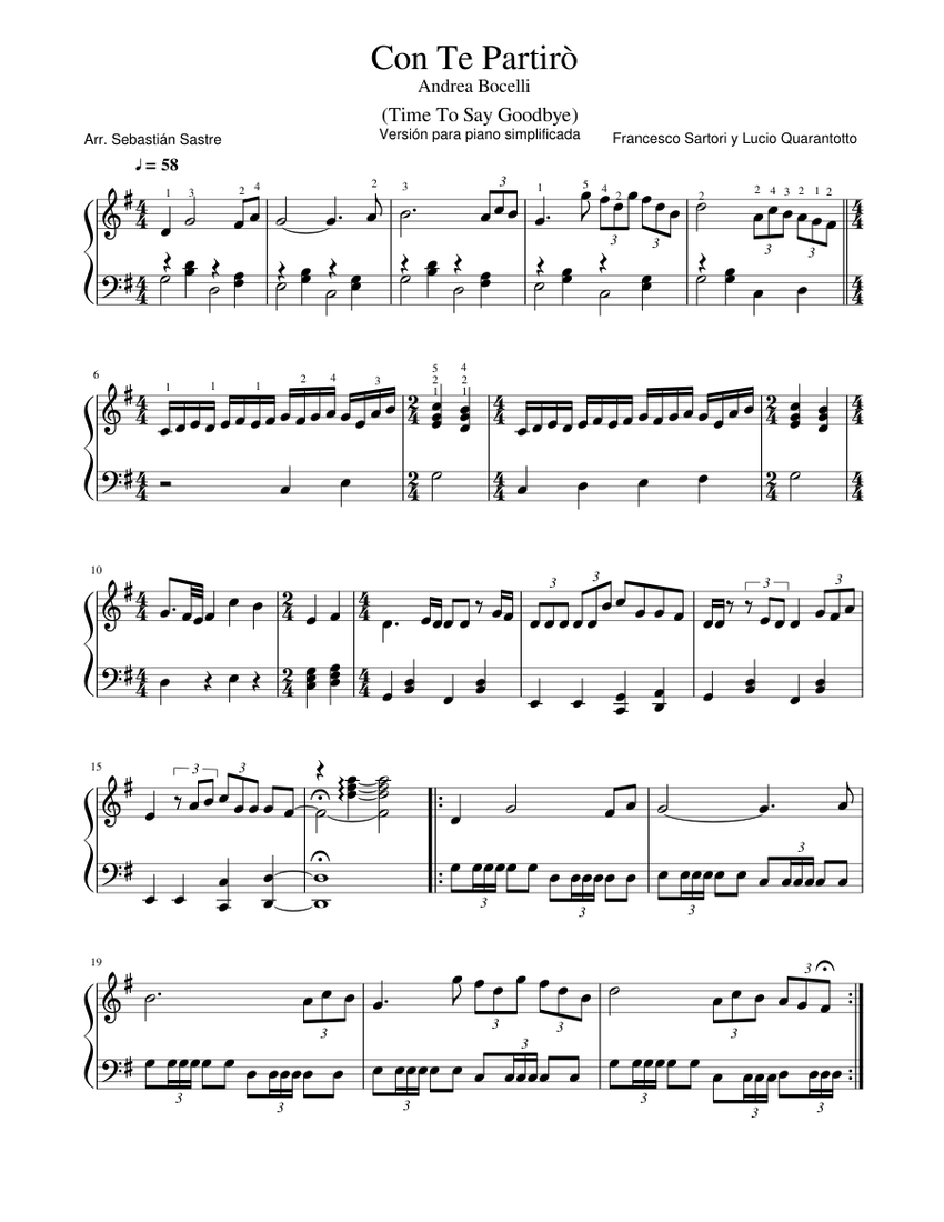 Con te partiro – Andrea Bocelli Piano Solo, versión simplificada. Sheet  music for Piano (Solo) | Musescore.com