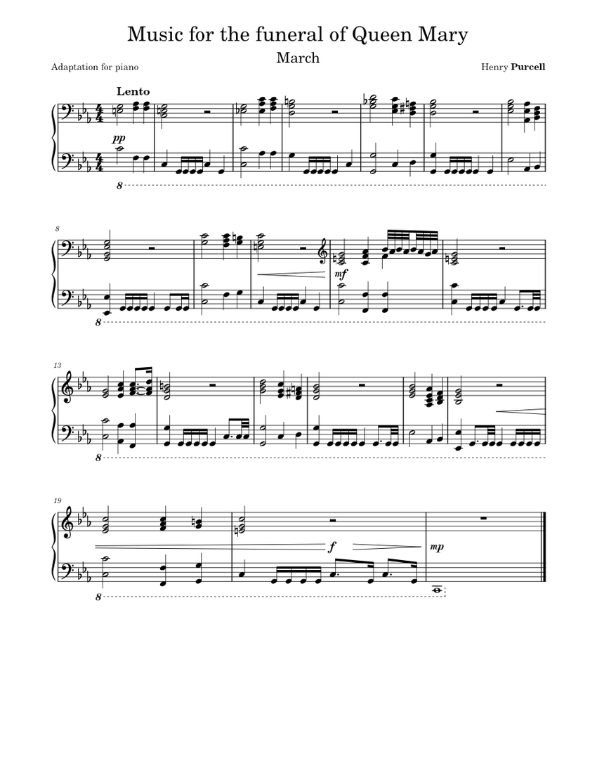 Music for the funeral of Queen Mary Purcell (piano adaptation) Sheet
