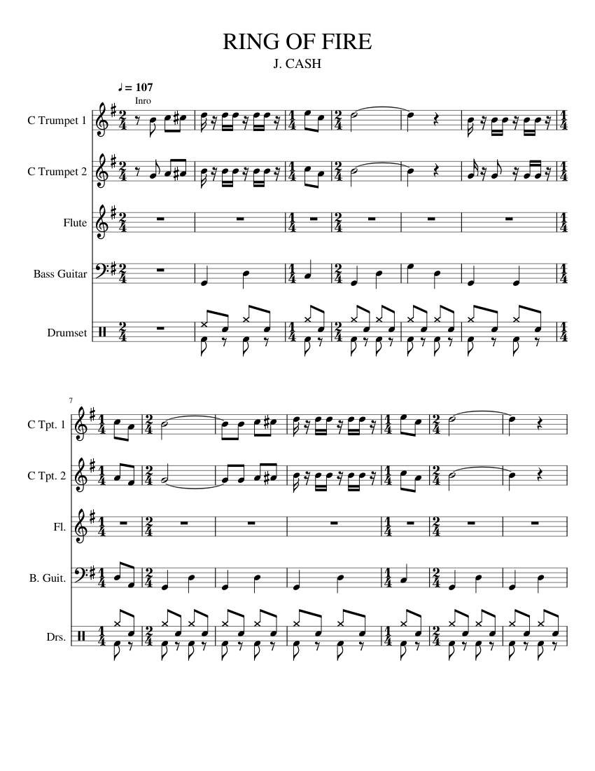 RING OF FIRE.2 Sheet music for Flute, Bass guitar, Drum group, Trumpet in c  (Mixed Quintet) | Musescore.com