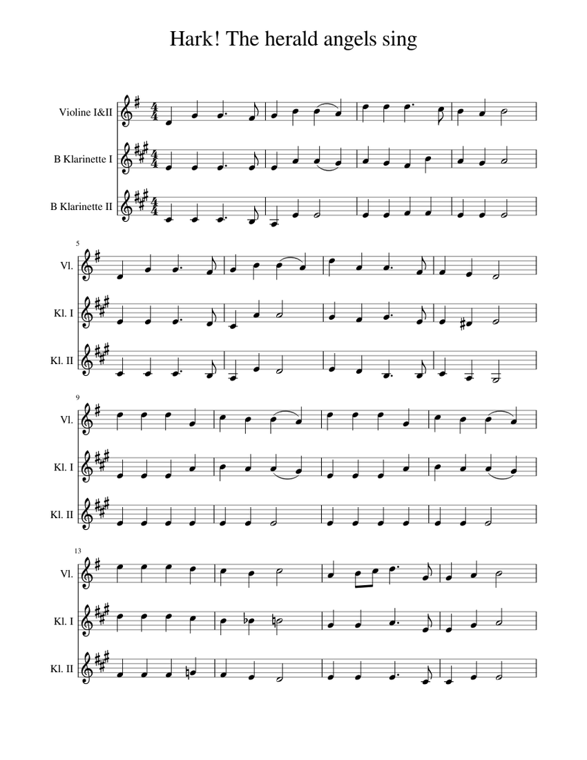Hark The Herald Angels Sing Sheet Music For Clarinet In B flat Violin 