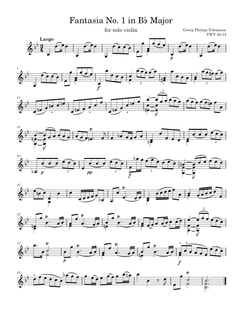 Violin Fantasia No. 1 in B-Flat Major – G. P. Telemann, TWV 40:14 Sheet  music for Violin (Solo) | Musescore.com