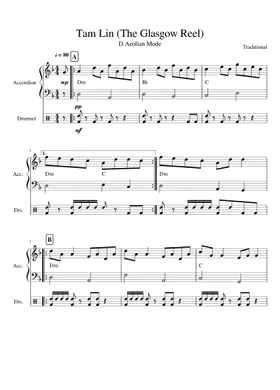 Tam Lin / Glasgow Reel - harmony folk fiddle arrangement sheet music, Celtic Fiddle Music
