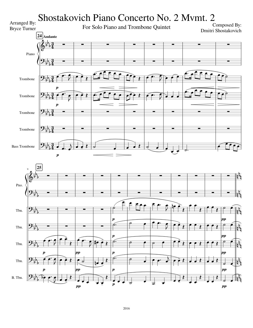 Shostakovitch Piano Concerto No. 2 Mvmt 2 for Solo Piano and Trombone  Quintet Sheet music for Piano, Trombone, Trombone bass (Piano Sextet) |  Musescore.com