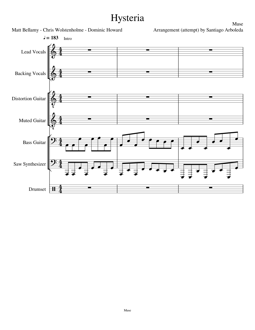 Hysteria - Muse Sheet music for Drum Group, Vocals, Guitar, Bass & more  instruments (Mixed Ensemble) | Musescore.com