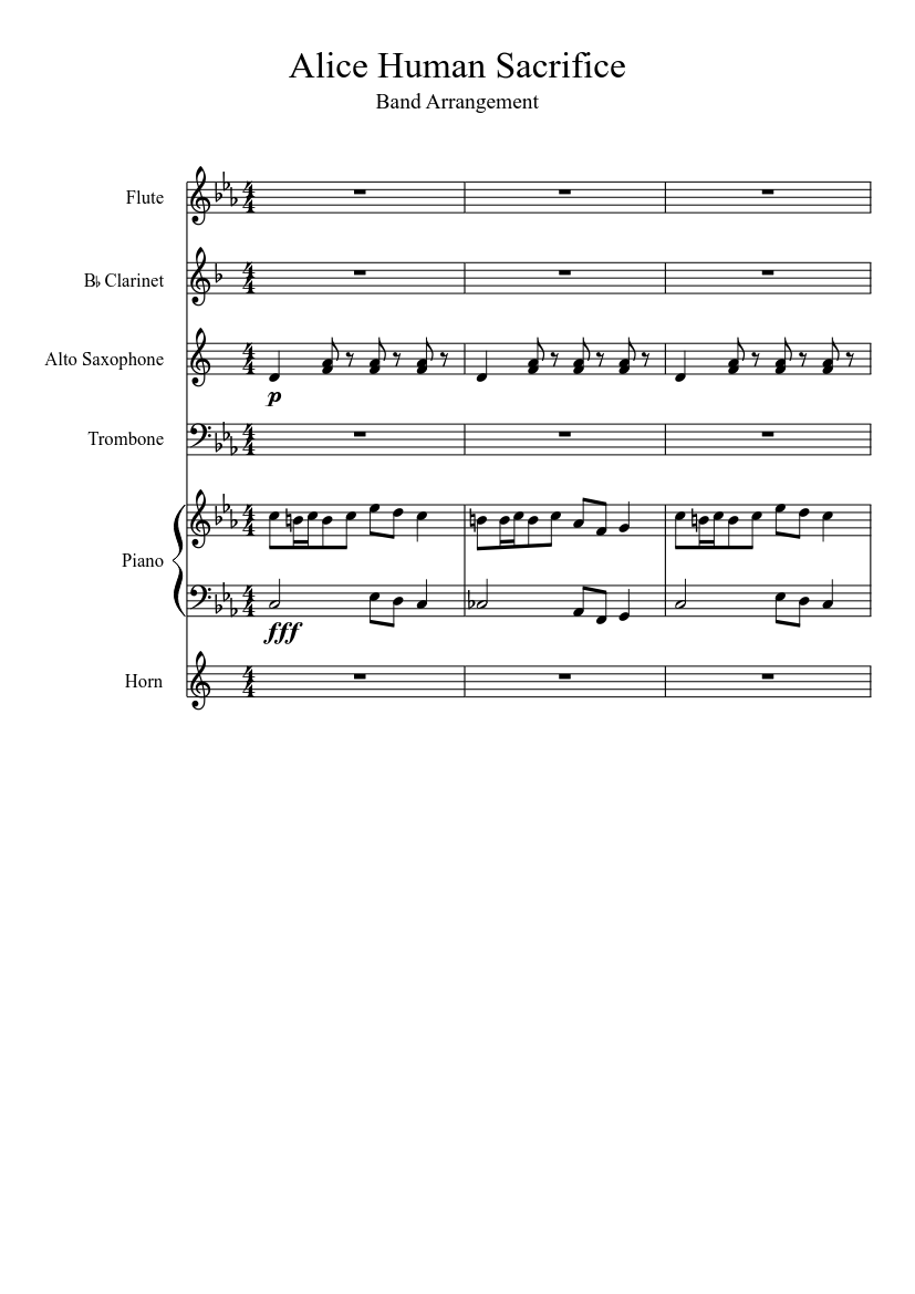 Alice Human Sacrifice Arrangement (Incomplete) Sheet Music for Piano,  Trombone, Flute, Clarinet other (Mixed Quartet) | MuseScore.com, image size:827x1169