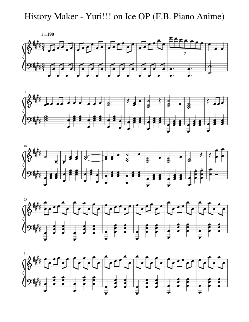 History Maker - Yuri!!! on Ice OP (F.B. Piano Anime) Sheet music for Piano  (Solo) | Musescore.com