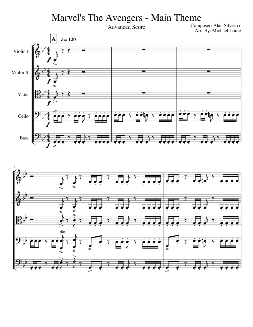 Avengers Main Theme Sheet music for Contrabass, Violin, Viola, Cello