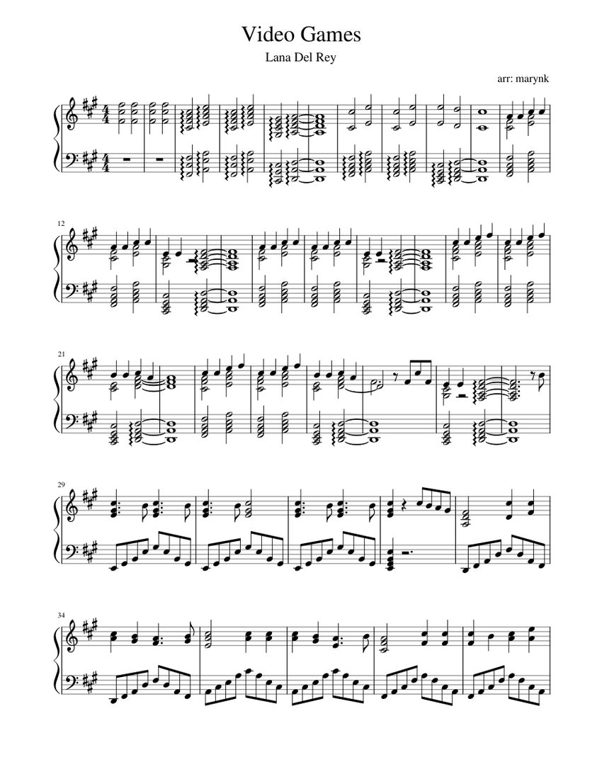 Lana Del Rey - Video Games Sheet music for Piano (Solo) | Musescore.com